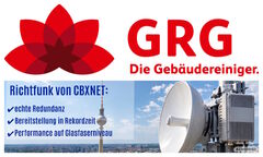 GRG nutzt seit mehr als 10 Jahren Richtfunk von CBXNET als Internet-Hauptleitung Logo von GRG und Richtfunkantenne von CBXNET