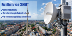 Modernste Richtfunktechnik liefert Internet für Unternehmen und Produktionsstandorte Moderne Richtfunkantenne platziert auf Mast auf dem Park Inn Berlin